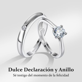 Anillos de Pareja Plata 925 Anillo de Compromiso Ajustable, Regalo de Aniversario de Bodas de Navidad para el Día de San