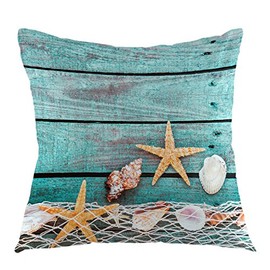 oFloral Decorative Rustic Wooden Fishing Net Starfish Throw Pillow Case Square Nautical Cushion Cover for Sofa Couch Home Car Bedroom Living Room Decoration 18" x 18" Turquoise Yellow
