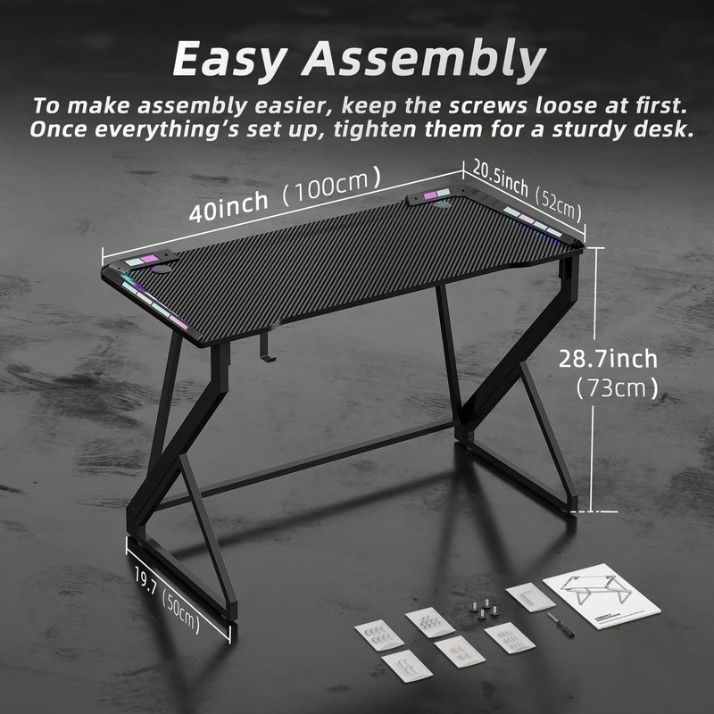 TIQLAB Gaming Desk with LED Lights, 40 Inch Computer Desk