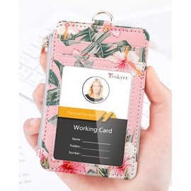 Teskyer ID Card Holder with Strap, Retractable Card Holder with Lanyard, Holds 4 Cards, with Transparent Window, PU Leather, Hibiscus