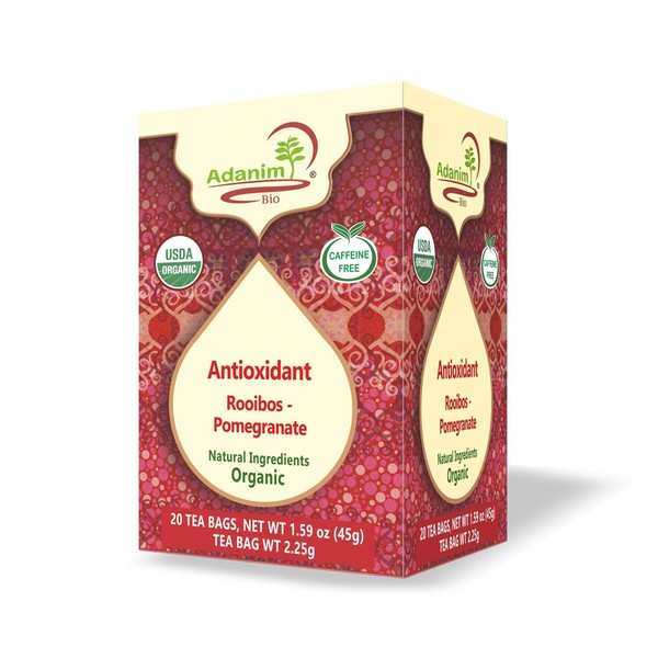 Adanim Bio "Crimson Sensation" Organic Rooibos Pomegranate Tea, Caffeine Free Herbal Tea, All-Natural, Kosher and USDA Certified, 20 Count, 4 Pack, 80 Individually Enveloped Hot Tea Bags in Total