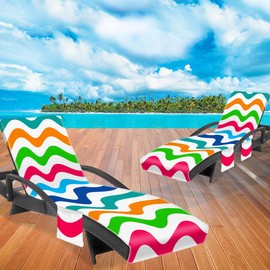 Ruikyhom Lounge Chair Towel Cover, Wavy Striped Chaise Lounge Cover (Pack of 2), Beach Chair Covers with 3 Pockets for Pool Beach Garden Courtyard Outdoor Trips, 85 x30 in, Colourful Blue Red