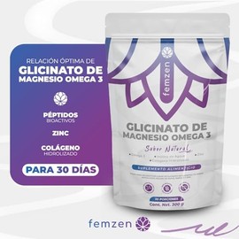 Glicinato de Magnesio en polvo para mujeres | Mezcla con Omega 3, Zinc y Colageno | Alta abosircion, Energia y Bienestar General | Suplemento Alimenticio con 300gr