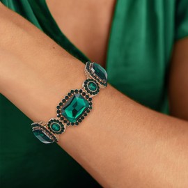 Flyonce Wedding Party Stretch Bracelet for Brides Bridal Green Rhinestone Crystal Vintage Art Deco Adjustable Elastic Bracelets for Women