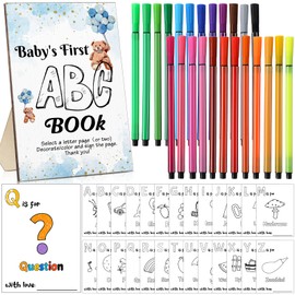 Geelin Fun Baby Shower Game Kid's ABC Book Sign 26 Coloring Game Card Alphabet A to Z Coloring Card 24 Watercolor Pen for Baby Shower Party Activities(Blue Bear)