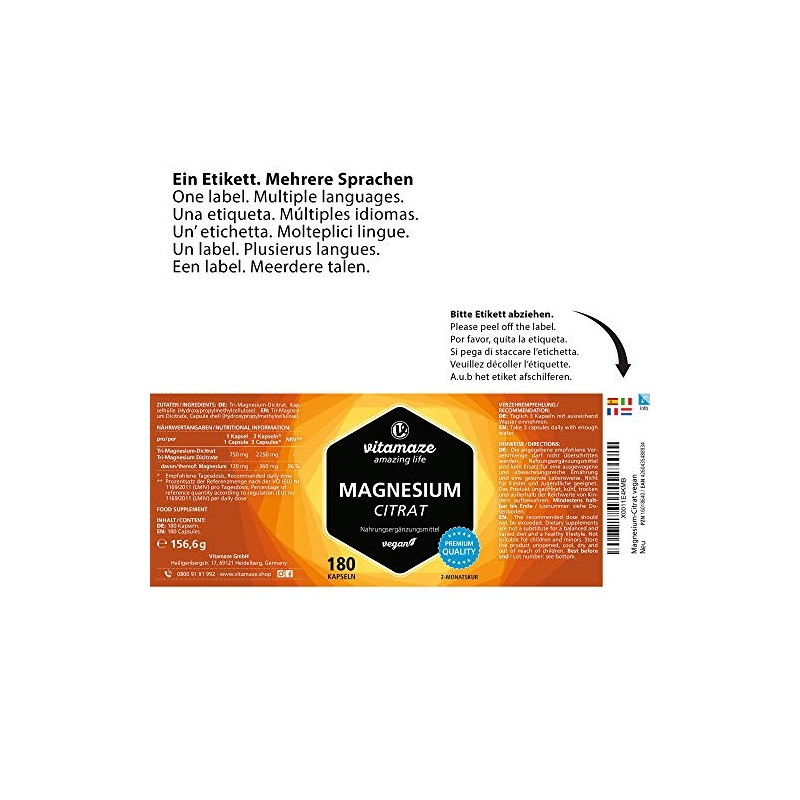 Magnesium Citrate Capsules High Strength & Vegan, 2250 mg of