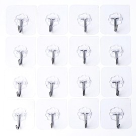 Adhesive Hooks 16 Pack, Hooks Adhesive for Hanging, Wall Hooks Sturdy Heavy Duty for Kitchen Bathroom Living Room Closet