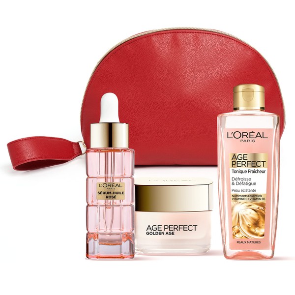 L'Oréal Paris Routine Radiance Gift Kit for Mature Skin - Radiance, Freshness, Vitality and Firmness - Freshness Tonic, Rose Oil Serum, Rosé Day Care - Age Perfect Golden Age - 3 Products