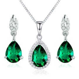 JIANGXIN Waterdrop Green Emerald Birthstone 925 Sterling Silver White Gold Plated Fine Jewelry Set for Women Pendant Necklace Stud Earring