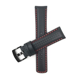 Bandini 22mm Mens Italian Leather Watch Band Strap - Carbon Fiber - Black with Red Stitch - Black Buckle