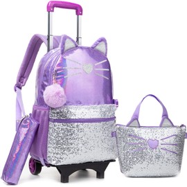 ZBAOGTW Rolling Backpack for Girls 6-8 with Lunch Bag Pencil Case Rolling Casual Cute Cat Backpacks with Wheels for Elementary Students