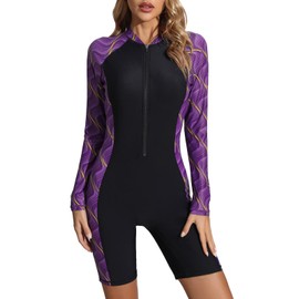 Halcurt Women's Boyleg One Piece Rash Guard with Built in Bra UPF50+ Zip Long Sleeve Full Body Modest Swimsuit Purple Printed Black 2XL