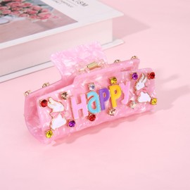 PHALIN Easter Hair Claw Clips for Women Bunny Hair Claws Large Pink Square Crystal Carrot Hair Barrettes Easter Accessories Outfits Gifts for Spring Holiday (Pattern A)