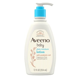 Aveeno Baby Loción corporal Daily Moisture para pieles delicadas, avena coloidal natural y dimeticona, loción hidratante hipoalergénica para bebés, sin fragancia, ftalatos ni parabenos, 12 onzas líquidas