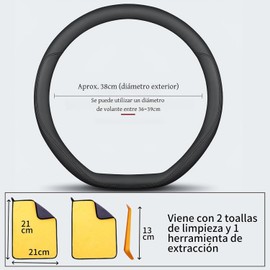 Cubierta Volante Coche,Funda de Cuero para Volante,38 cm Universal,Forma D Cubre Volante para Auto,Transpirable Y Antideslizante,con 2 pcs Toallas de Limpieza y 1 Pcs Herramientas de Extracción