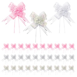 BEIBXHQQ 30 Pieces of Ribbon Bows, Wedding Car Ribbons, Gift Wrapping Ribbons, Gift Basket Bows, Perfect for Weddings, Christmas (Pink, White, Transparent)
