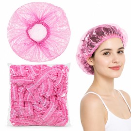 50Pcs Disposable Shower Caps, Waterproof Plastic Bath Hair Caps (Pink)
