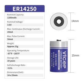 ViCep 6-Pack ER14250 1/2AA 3.6V Lithium Battery Li-SOCL₂1200mAh XL-050F SB-AA02 LS14250 TL-5902 TL-2150 Compatible for Home Security System, Movement Monitor, Meter Reading System, Non-Rechargeable