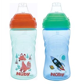 Nuby No Spill Printed Thirsty Kids No-Spill Sip-it Sport Cup with Soft Spout and Lid - 12oz / 360 ml, 12+ Months, Pack of 2, Green/Orange