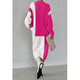 Pink Queen 2 Piece Sweater Dress Set for Women High Neck Loose Pullover Top with Empire Waist Skirt Set Color Contrast Ribbed Knit Fall Outfits Hot Pink XL