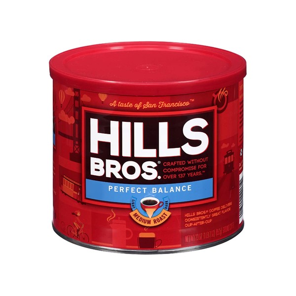 Hills Bros Perfect Balance Ground Coffee, Medium Roast, 23 Oz. Can – Full-Bodied Classic Rich Coffee Taste, Half the Caffeine