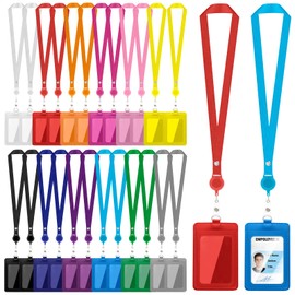 Boocalny 24 Pcs ID Badge Holder with Retractable Lanyard, Colorful Retractable Lanyards with Vertical Leather ID Badges for Work Cards Office Travel School