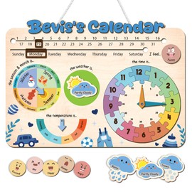 Mondily Interactive Calendar for Kids Ages 3+, Wooden Toddler Calendar, Teaching Seasons, Years, Months, Days of Week, Daily Activity Calendars for Kid Preschool & Homeschool (04 - boy Name)