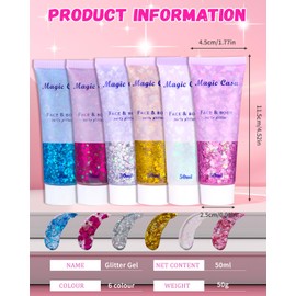 TIDEVAN 6 Stück Body Glitter Gel Glitter Gel Gesicht Glitzer Körper Chunky Glitter Liquid Long-Lasting Glitter For Festival Makeup für Gesicht Haare Lippen Nägel Make Up Kosmetik Festival Party