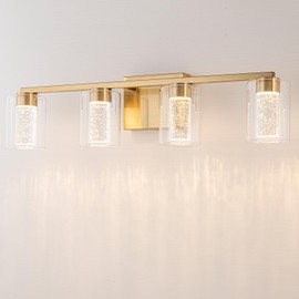 SineRise 4-Light Gold Vanity Light with 3 Color Modes (3000K/4000K/6000K), Eye Protection LED Bathroom Light Fixture, Dimmable Modern Wall Light Over Mirror with Clear Glass Shade