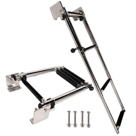 Marine 316 Stainless Steel Telescoping Folding Transom Ladder, 4 Steps with Self-Lock Transom Mount Brackets