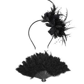MUNSKT 2 Pcs Flower Cocktail Tea Party Feather Set, Headwear and Black Feather Fan, Elegant Style for Women and Girls, for Weddings, Parties, Garden Gatherings & Everyday Wear