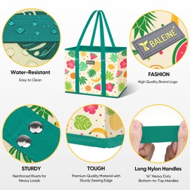 BALEINE 3Pk Reusable Grocery Bags, Foldable Shopping Bags for Groceries with Reinforced Bottom & Handles (Hawaiian Brunch)