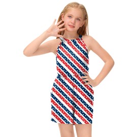 BesserBay Little Girls 4th of July America Flag Jumpsuit Memorial Day Star Stripe Sleeveless Halter Neck Short Rompers with Pockets 6 Years