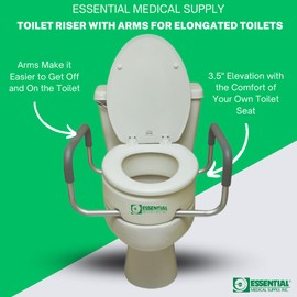 Essential Medical Supply Raised Elevated Toilet Seat Riser for an Elongated Toilet with Padded Aluminum Arms for Support and Compatible with Existing Seat, Elongated, 19 x 14 x 3.5