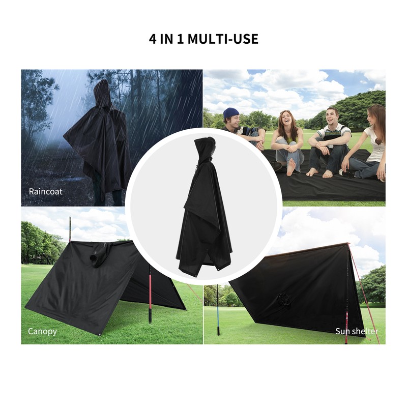 3-in-1 Waterproof Rain Poncho Lightweight Hooded Rain Coat Picnic Mat