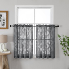 OWENIE Charcoal Gray Sheer Curtains Tier 36 Inch Length 2 Panels Set, Elegant Clip Short Curtains for Small Window, Light Filtering Geometric Jacquard Textured Short Curtains for Windows, 42x36 Inches