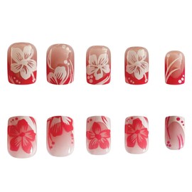 Extra Short Press on Nails - Square French Press on Nails Short Cute Fake Nails Acrylic Flower False Nails for Women, Reusable Stick on Full Cover Glue on Nails 24Pcs