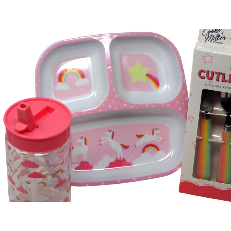Kids Unicorn Dinner Set - Divided Plate Cup and Metal
