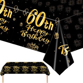 YTUGCG 60th Birthday Table Cloth, 137x274cm Black and Gold 60th Birthday Party Table Decoration, Plastic Disposable Waterproof Rectangular Table Cover for Women, Birthday Gifts Party Table Decoration