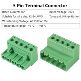 ALAMSCN 5 Sets 5 Pin Pluggable Terminals 5.08 mm Pitch PCB Mount Screw Terminal Block PCB Screw Terminal 2 Pin 3 Pin 4 Pin Socket Panel Assembly DIY