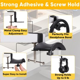 Under Desk Headphone Hanger Hook, Adjustable Clamp On Mount Headset Holder Stand, Durable and Space Saving Design with Cushion Pad, Perfect for Home Gaming & Office, 5lb Weight Capacity - Black