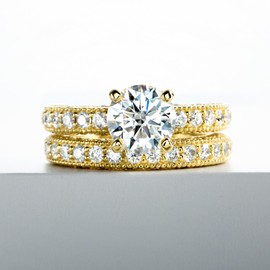 Idocare 2 ct All Moissanite Wedding Rings Set for Women D Color Round Cut Yellow Gold Plated 925 Sterling Silver Engagement Jewelry size 9