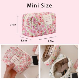 uekeboag Small Floral Quilted Cotton Makeup Pouch for Women and girls,Coquette Quilted Toiletry Bag,Cute Aesthetic Mini Bag, Kawaii Travel Cosmetic Bags(A-Pink Little Flower)