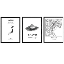 Pack of posters of countries and monuments. Map City Tokyo, Monument Monte Fuji and Map Japan. A3 size with frame