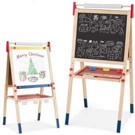 Costzon 3 in 1 Kids Art Easel with Paper Roll, Double Sided Adjustable Chalkboard & White Dry Erase with 4 Drawing Board Clips, Storage Bins, 26 English Alphabet Tiles for Toddlers (Natural)