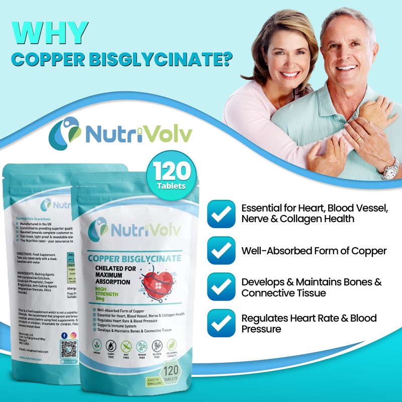 Copper Bisglycinate 3mg Vegan Chelated Cu for Healthy Heart and