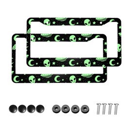 Green Alien Moon UFO License Plate Frames with Screw Caps,2 Pack 2 Holes Aluminum License Plate Cover Holders for Front and Rear Car Tags.