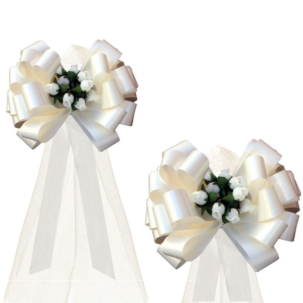 GiftWrap Etc. Ivory Pull Bows with Tulle Tails and Rosebuds - 8" Wide, Set of 6, Wedding Pew Bows, Reception, Aisle Decoration, Anniversary, School Dance, Fundraiser, Birthday, Party, Christmas
