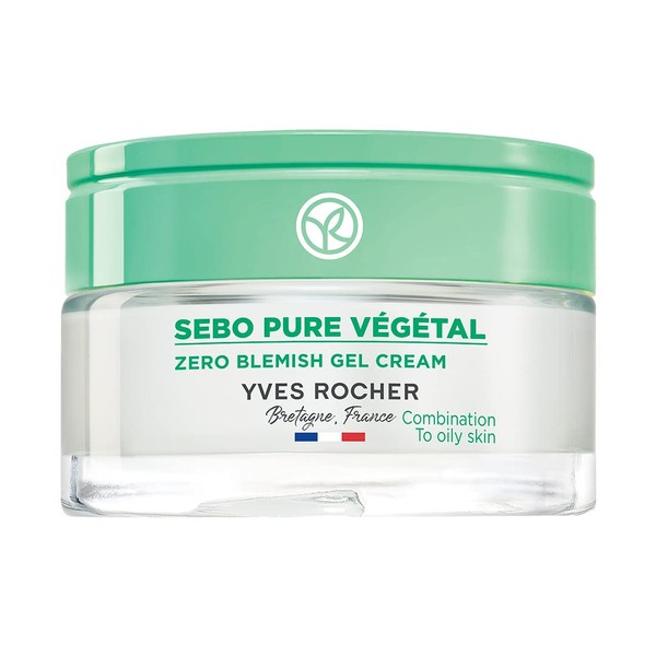 Yves Rocher Sebo Végétal Zero Blemish Face Gel Cream for Oily and Combination Skin, For oily and acne prone skin, Tightens pores and prevent blemishes, Mattifying cream, Improves skin texture 50ml jar (Sebo Pure Végétal Gel Cream)