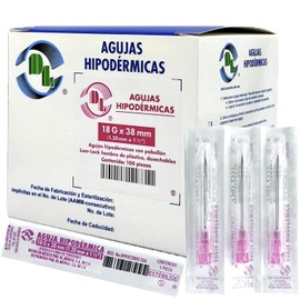 Aguja Hipodérmica DL calibre 18Gx38mm (1.20 mm x 1 ½2") ROSA. Caja con 100 piezas.